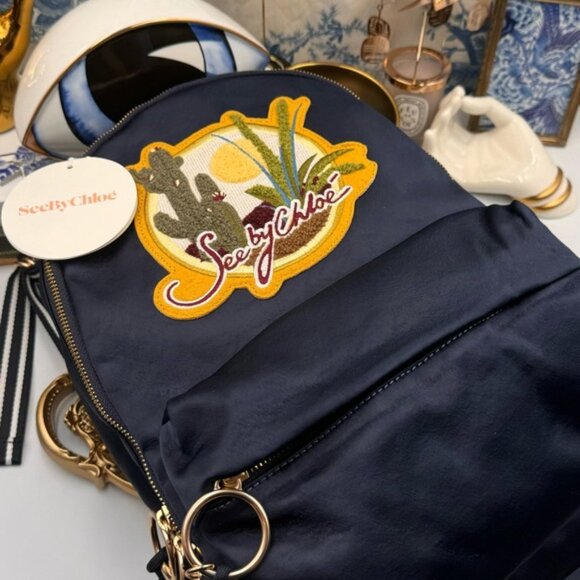 🆕 SEE BY CHLOE 🧿 NWT Cactus and Logo-Embroidered Satin Backpack in Navy - Picture 2 of 15